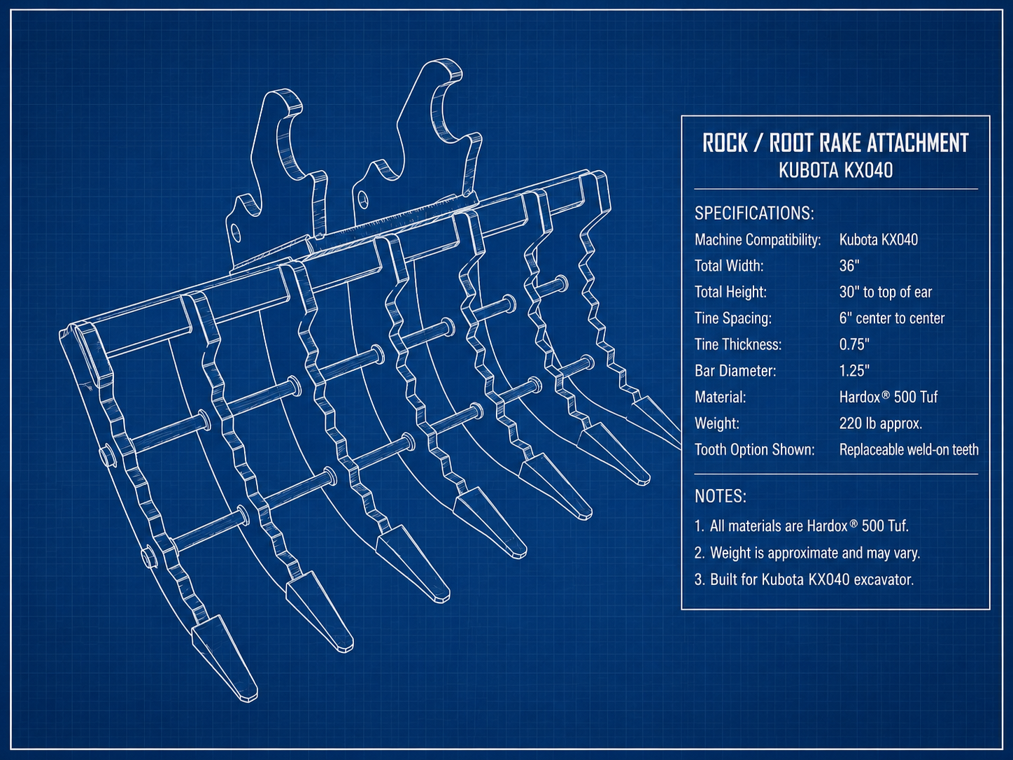 Custom bucket builder blueprint showing rock and root rake tine spacing for Kubota KX040