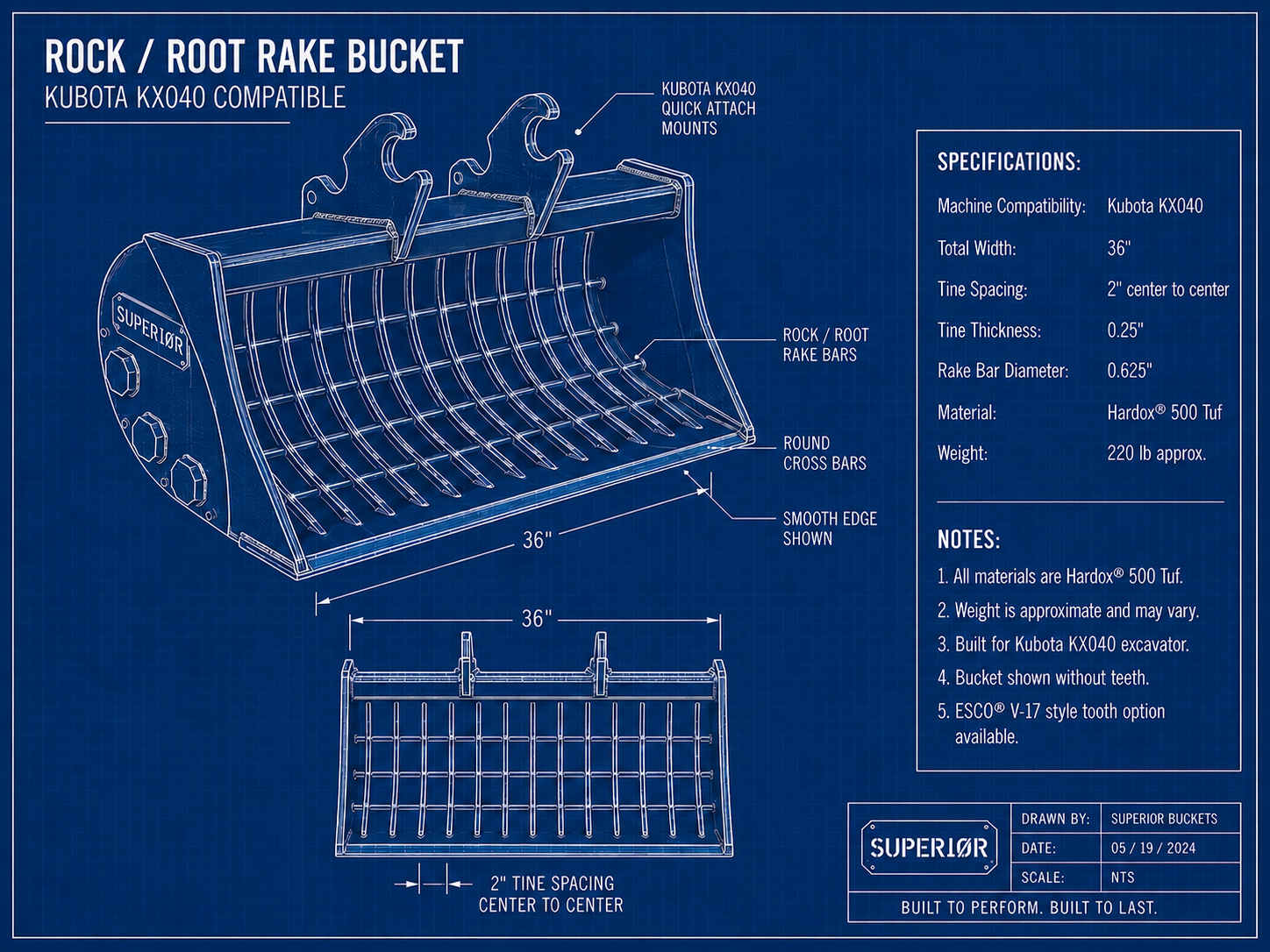 Custom bucket builder blueprint showing skeleton bucket tine spacing and Kubota KX040 compatibility