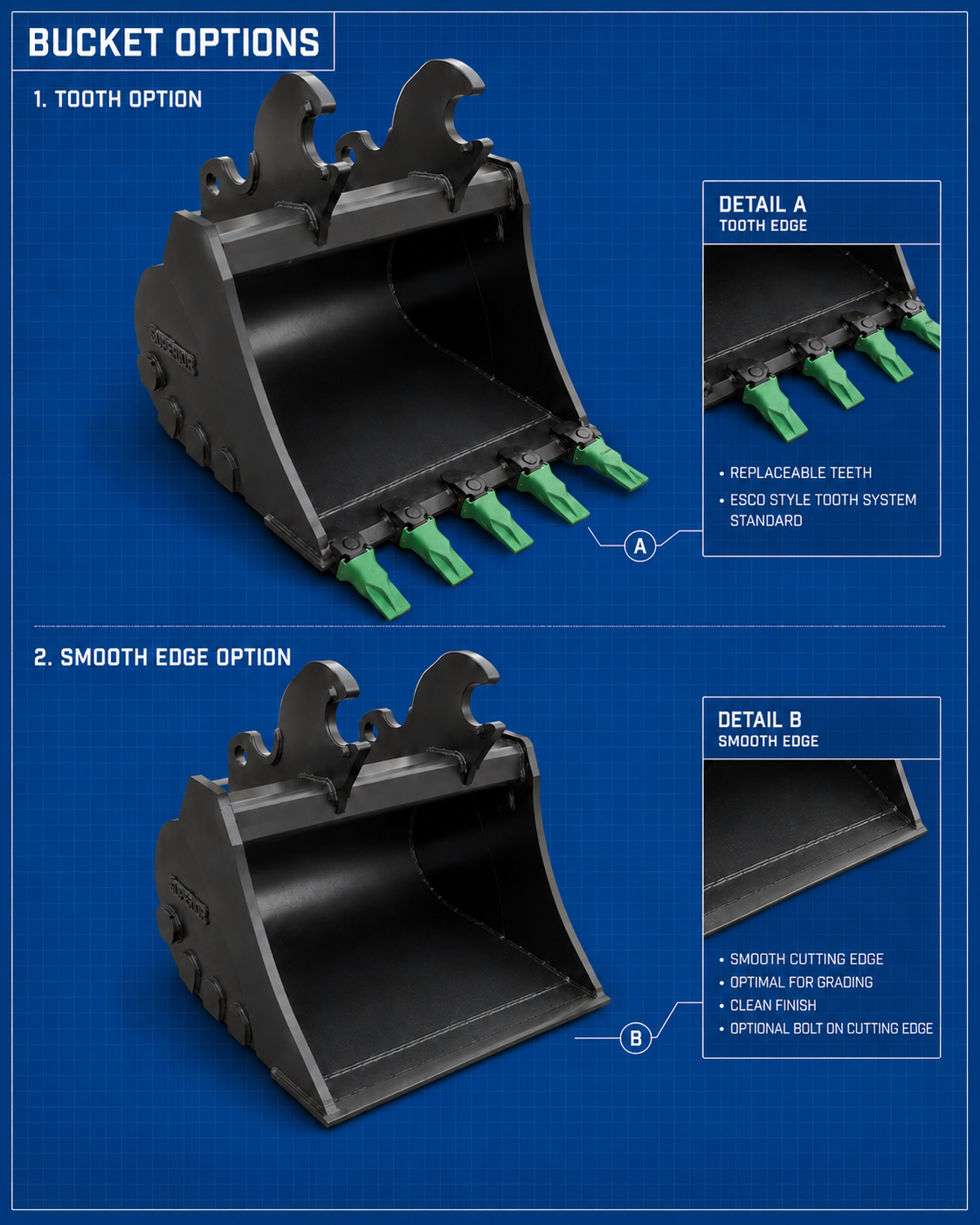 Custom bucket builder blueprint showing tooth edge and smooth edge excavator bucket options